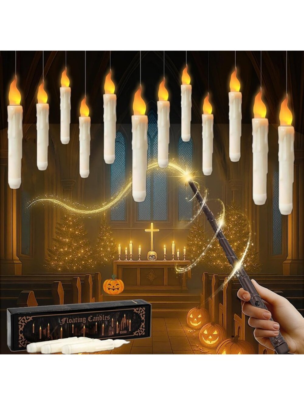12pcs LED Floating Candles + Witch Wand White Christmas Halloween Decor Candles